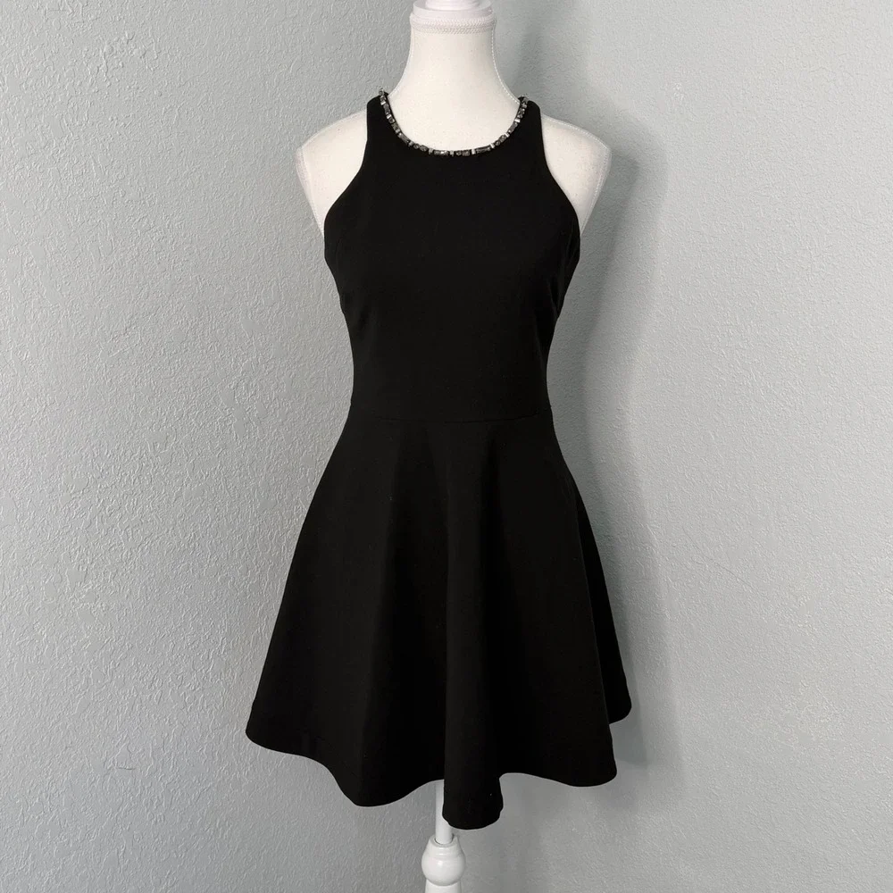 Elizabeth and James Black Embellished Crystal Racerback Fit and Flare Dress 4